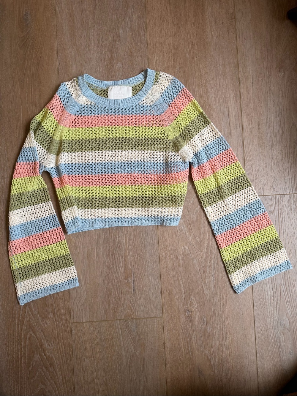 Zara Cropped Crochet Sweater in Pastel Blue, Pink, Green, Cream